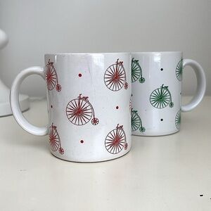 2 Whimsical Unicycle Vintage Ceramic Coffee Mugs Japan Red Green